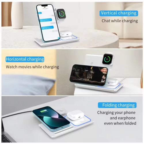 SMPO Foldable 3-in-1 Fast 15W Qi Wireless Charging Station for Smartphone, Watch & Wireless Earbuds