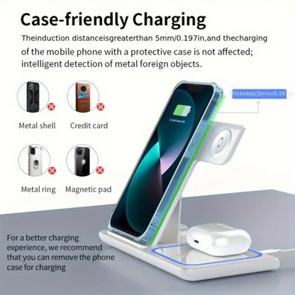 SMPO Foldable 3-in-1 Fast 15W Qi Wireless Charging Station for Smartphone, Watch & Wireless Earbuds